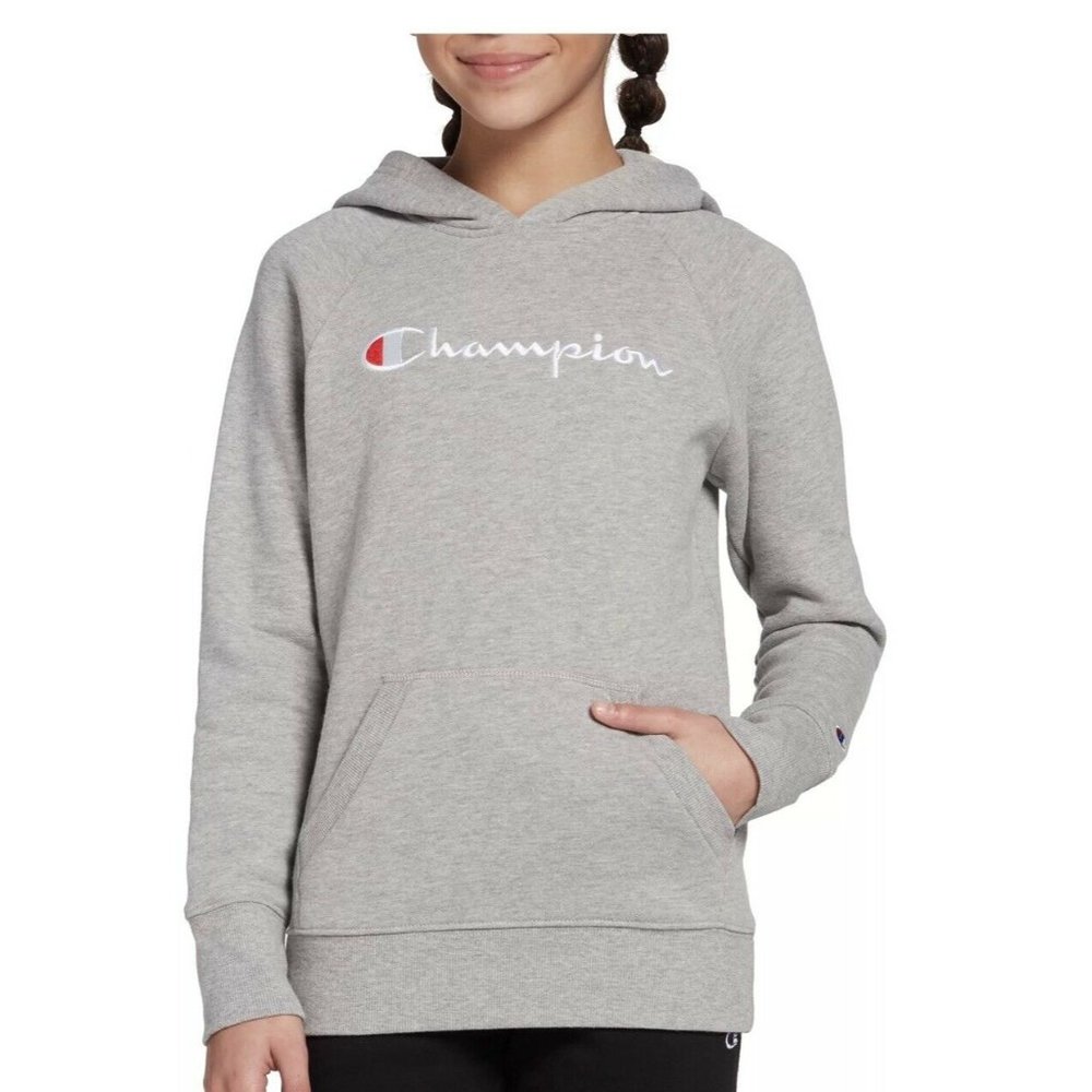 Champion Girl’s Script Logo in Pink Heather Gray Fleece Hoodie Medium 7354CG NWT